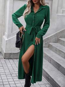 EMERY ROSE Solid Button Front Belted Shirt Dress Maxi Women Outfit - Dark Green - View 5