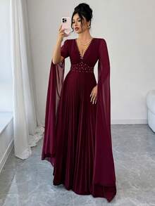 SHEIN Elenzya 优雅浪漫褶皱 V 领收腰 A 字形雪纺拼接长袖连衣裙，适合圣诞节、音乐节、派对、约会 - 酒紅色 - 查看 7