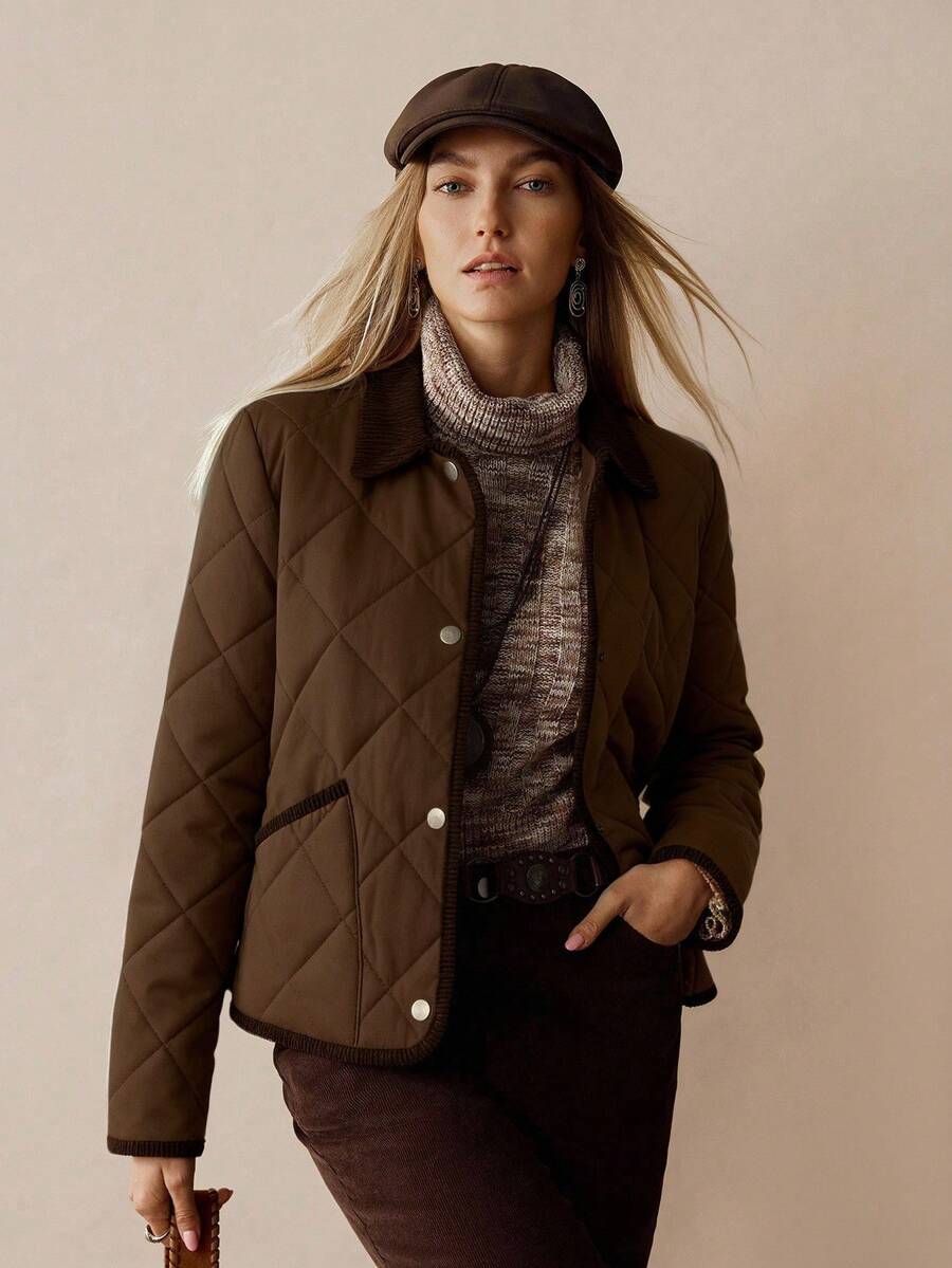 Florisole Damen Lässig Elegant Lange Ärmel Einreihige Winter Jacke - Braun - Übersicht 1