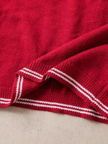 SHEIN Christmas Girls Casual Turtleneck Cable Knit Red Dress, Autumn/Winter Striped Contrast Color Sweater Dress Long Sleeve Retro Elegant School Style Suitable For Daily Wear, School, Outing, Party