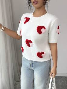 SHEIN Elenzya Blusa feminina leve de malha com estampa de corações em jacquard, manga curta e estilo delicado. - Branco - Ver 6