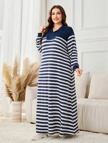 Lacomfia 大码女式休闲罗纹拼接前拉链条纹针织纹理宽松长连衣裙，适合秋冬季穿着 - 彩色 - 查看 3