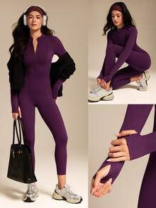 GLOWMODE 24" FeatherFit™-Air Glow Giver Soft Breathable Sweat-Wicking Front Zipper Ribbed Side Panels Contouring Seams Thumbholes Deep V-Back Seams Removable Cups Long-Sleeve Jumpsuit Low-Impact Daily Active Wear Fall Winter - Bold Plum - View 9