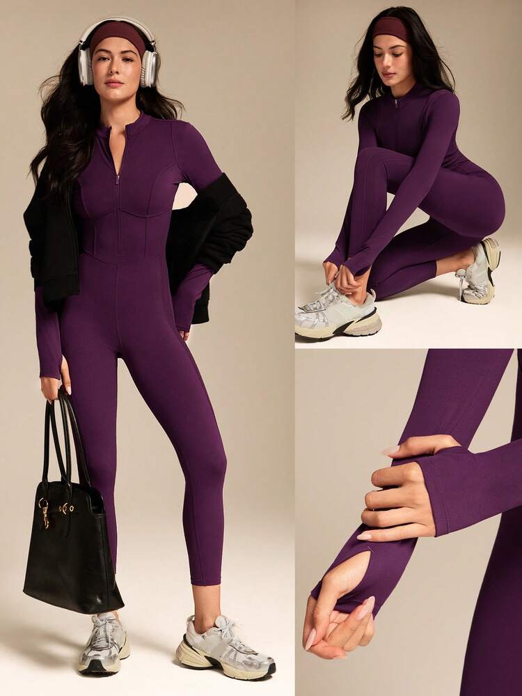 24インチ FeatherFit™-Air グロー ギバー ソフト 通気性 吸汗速乾 フロントジッパー リブ サイドパネル 立体縫製 サムホール ディープVバック 取り外し可能パッド ロングスリーブ ジャンプスーツ ローインパクト デイリーアクティブウェア 秋冬