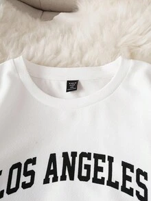 SHEIN EZwear 两件套加大码女式字母印花圆领长袖卫衣和裤子套装 - 藏蓝色 - 查看 6