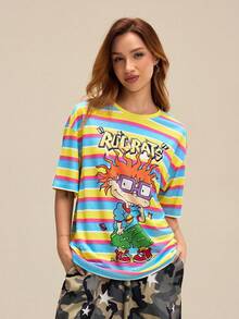 Nick 90s | SHEIN Women's Striped And Cartoon Figure Graphic Round Neck Short Sleeve T-Shirt - Blue - View 4