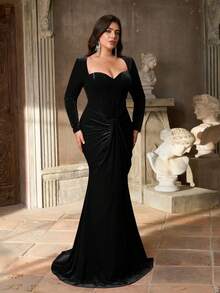 Aureia Váy dạ hội cổ tim đỏ lãng mạn thanh lịch tay dài đính ren viền đuôi cá cỡ lớn (Thiết kế đính kết nhiều) - màu đen - Xem 7