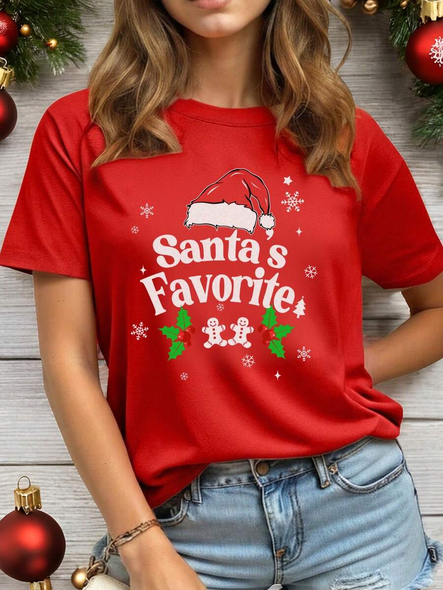 SHEIN Essnce T-shirt rouge ample et décontracté à col rond avec impression du lettrage de Noël et du bonnet de Père Noël. T-shirt femme à manches courtes convenant pour Noël, les fêtes de Noël, le renne de Noël, les rassemblements de Noël, les fêtes de famille, les tenues assorties en famille, les couples, les sœurs - Rouge - Voir 1