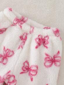 2件套幼儿女童休闲纯色毛绒蝴蝶结装饰外套和裤子套装 - 粉色 - 查看 4