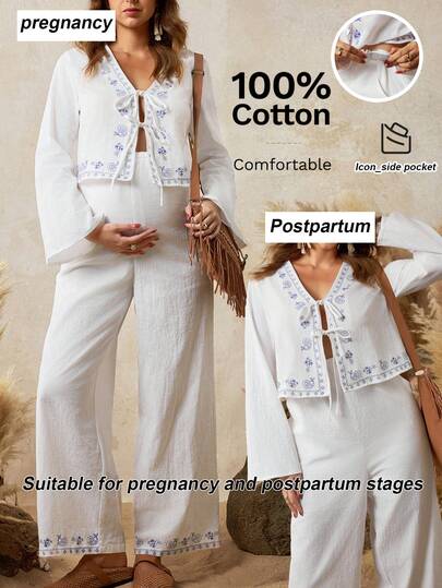 Boho Mama 2pcs Nursing Tie Front Top & Pants Set, Fashionable For Daily Wear  Beach  White