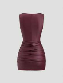 Sweetra New Fashion Wine Red Coated Elastic Fabric Off Shoulder Ruched Waist Slim Fit Mini Dress, High Neck Ruffle Detail, Suitable For Club Party, Cocktail, Commute, Daily Wear In Autumn/Winter - Burgundy - View 2