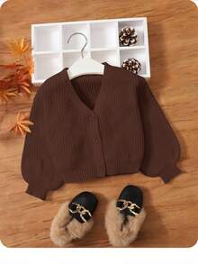 SHEIN Baby Girl Cute V-Neck Cardigan Sweater, Long Sleeve Autumn Winter Clothes ForGirln - Brown - View 5