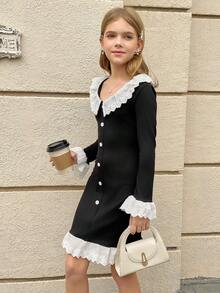 1 Pieza Vestido de manga larga de punto de grosor medio con cuello y puños de volantes con encaje, estilo vintage y lindo, perfecto para fines de semana, salidas casuales y ocasiones de primavera con comodidad y encanto estético, para niña preadolescente con estilo moderno - Negro - Ver 4