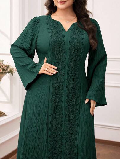 Al Najma Plus Size Women's Lace Patchwork V-Neck Long Sleeve Elegant Arabic Style Maxi Dress