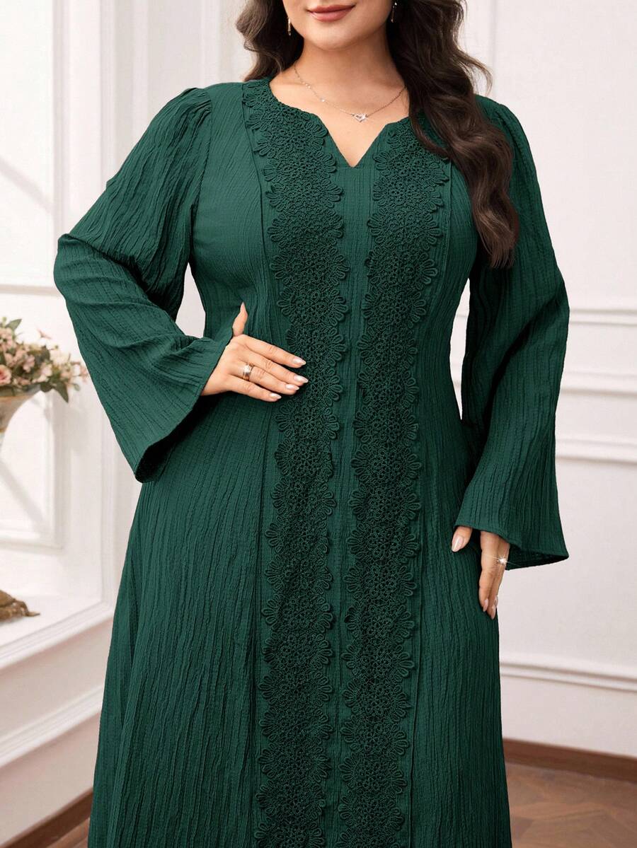 Al Najma Plus Size Women's Lace Patchwork V-Neck Long Sleeve Elegant Arabic Style Maxi Dress - Dark Green - View 1