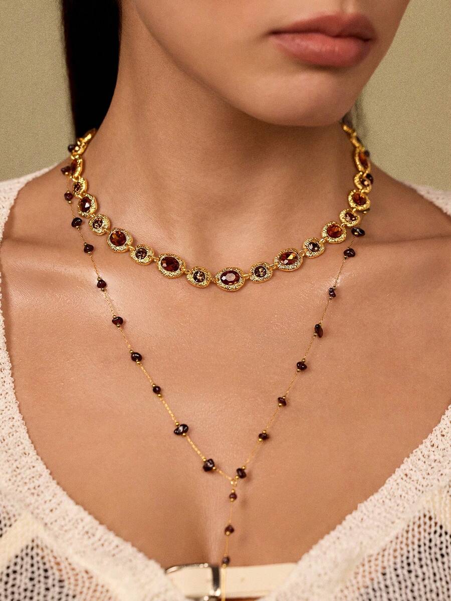 Glisma 1件时尚优雅宫廷风项链，适合女性，可搭配各种服饰，哥特/复古风，饰有串珠，西式珠宝，金属质感，宝石镶嵌，适合送给妈妈/女士/女孩/母亲，高端复古，性感/优雅，适合夏季/海滩/舞会等场合，多层设计，宝石/串珠/水晶，魅力十足/粗犷风格 - 紅色 - 查看 1