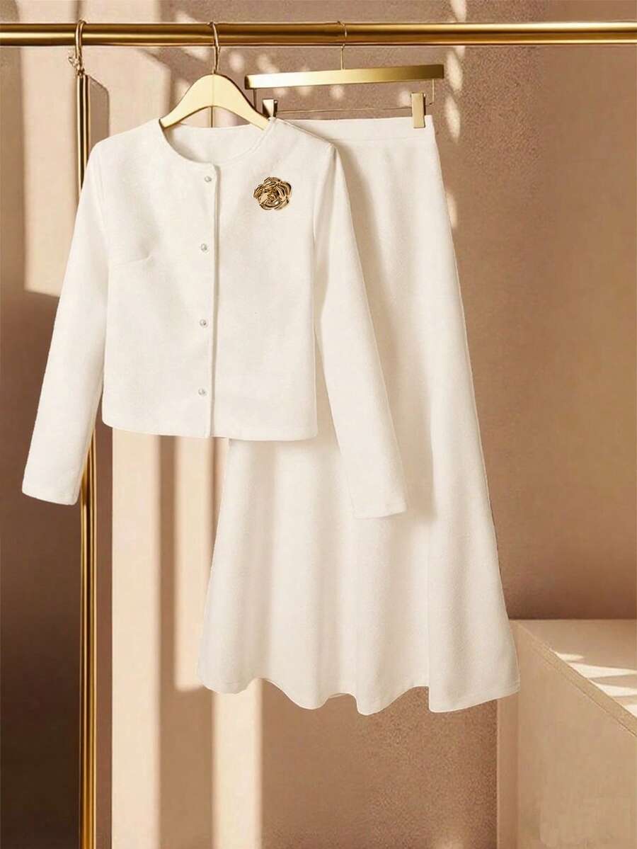 Franclia Autumn And Winter Women's Fashionable And Elegant Pure White Round Neck Long Sleeve Button Jacket And Half Skirt Two-Piece Suit, Autumn And Winter Women's Clothing,Women's Winter Jacke,Women's Winter Clothes,Winter Set ,Wedding Guest Dress For Women,Going Out Outfit - White - View 1