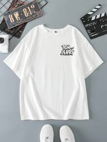 TOM & JERRY X SHEIN Men's Casual Cartoon & Letter Graphic Round Neck Short Sleeve T-Shirt, Summer