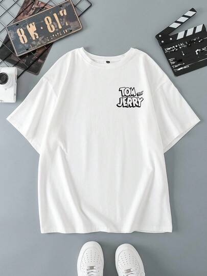 TOM & JERRY X SHEIN Camiseta de manga corta de cuello redondo con gráficos de dibujos animados y letras, casual para hombre, de verano