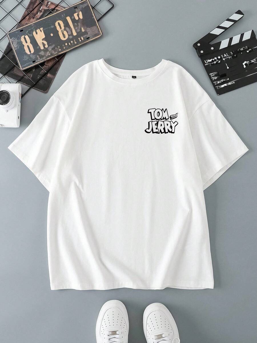 TOM & JERRY X SHEIN 男士休闲卡通字母图案圆领短袖T恤，夏季 - 白色 - 查看 1