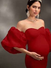 Cheriluna Maternity 孕妇写真礼服/优雅派对礼服/迎婴派对礼服 - 褶皱无肩带修身针织连衣裙，正式礼服/圣诞派对礼服/红色礼服/优雅派对礼服 - 紅色 - 查看 4