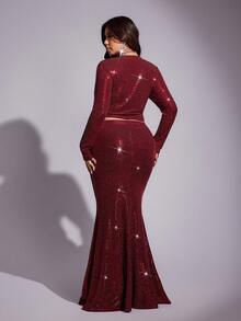 Viva Relle Große Größen sexy rotes paillettenbesetztes Crop Top und paillettenbesetzter Meerjungfrau-Rock Set für Silvester, Partykleid, Abendkleid - Bordeaux - Übersicht 3