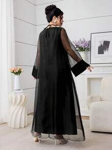 Al Najma 女士优雅水钻领网纱袖土耳其长款连衣裙，适合正式场合 - 黑色 - 查看 2