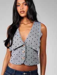 MISSGUIDED Colete de Bolinhas com Gola Oversized, Decote V Profundo, Regata para Verão e Primavera, Estilo Vintage