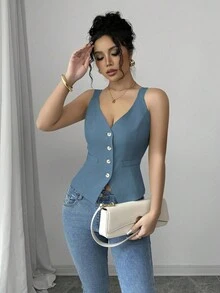 Elenzga Vorne Knopfverschluss Lässig einfarbig Ärmellos Damen Tank Tops - Blau - Übersicht 6