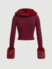 SHEIN ICON 羊羔绒领毛边袖紧身黑色长袖开衫，秋冬季长袖上衣 - 酒紅色 - 查看 2
