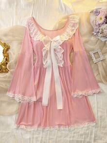 DelicateAllure Women's Sexy Pink Mesh Mini Nightgowns With Flounce Sleeves And Contrast Lace Detail, Semi-Sheer Scoop Neck Sleep Dress - Pink - View 6