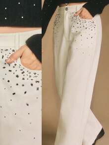 Poéselle Women's Solid Color Rhinestone Decor Pocket Wide Leg Loose Casual Pants Wide Leg Pants Rhinestone Pants Elegant Pants For Women, Western Pants, Embellished Jeans, Wide Leg Jeans Woman - White - View 1