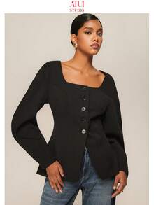 ATUI Studio 女士纯色方领长袖单排扣休闲西装外套，秋冬季女士纯色简约日常方领长袖套装，商务休闲女装，凸显女性曲线，时尚女装，复古风，优雅女装，户外穿着，女士秋装，女士冬装，通勤装 - 黑色 - 查看 5