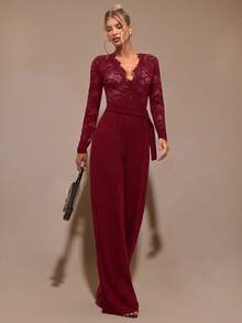 SHEIN BAE Bộ đồ liền thân ren đen dài tay cổ chữ V sâu, đồ lót nữ thanh lịch, thích hợp cho các buổi hẹn hò hàng ngày, đi chơi, tiệc tùng, thiết kế ống rộng bất đối xứng, bộ đồ liền thân duyên dáng cho mùa thu/đông - Màu Đỏ Sâu - Xem 7