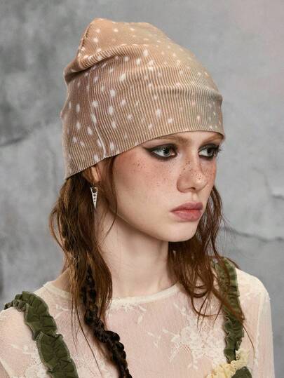 Fairycore 1pc Brown Deer Pattern Animal Print Retro Beanie Hat, Stylish & Minimalist, Suitable For Daily Wear, School, Dates, Shopping, Christmas, Halloween And More