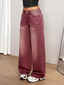 SHEIN Tall Women's Casual Washed Vintage Wide Leg Jeans - Burgundy - View 6