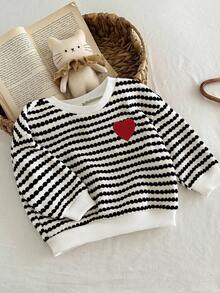 LMoss Kids 女婴日常休闲条纹卫衣，圆领长袖，涤纶套头衫，饰有红色爱心图案 - 黑與白 - 查看 7