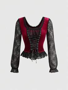 ROMWE Gothic Sexy Spider Web Mesh & Velvet Patchwork Cropped Tight Top - Red - View 1