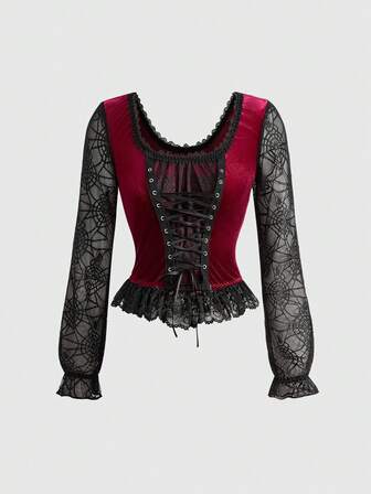 Top court moulant en patchwork de maille et de velours style toile d'araignée gothique sexy