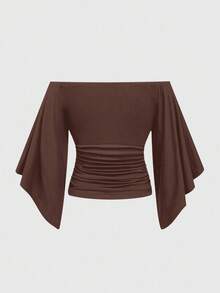 ROMWE J-Fashion 女士金属十字架装饰露肩喇叭袖时尚荷叶边T恤 - 棕色 - 查看 2