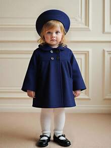 Souflis Souflis 藏蓝色翻领大衣，优雅法式复古风格，适合外出、聚会、上学及各种场合，秋冬季女婴外套，藏蓝色女婴外套，女婴冬季外套，女婴秋季外套