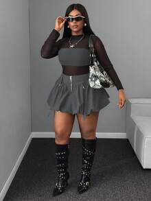 Maweii Plus Size Women Casual Ruffle Hem Solid Color Zipper Closure Mini Skirt, Suitable For Work And Daily Wear, Autumn/Winter - Grey - View 8