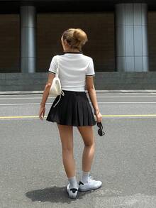 SHEIN 2pcs/Set Teen Girl Casual Simple Comfortable Polo Collar T-Shirt & Pleated Mini Skirt Suit