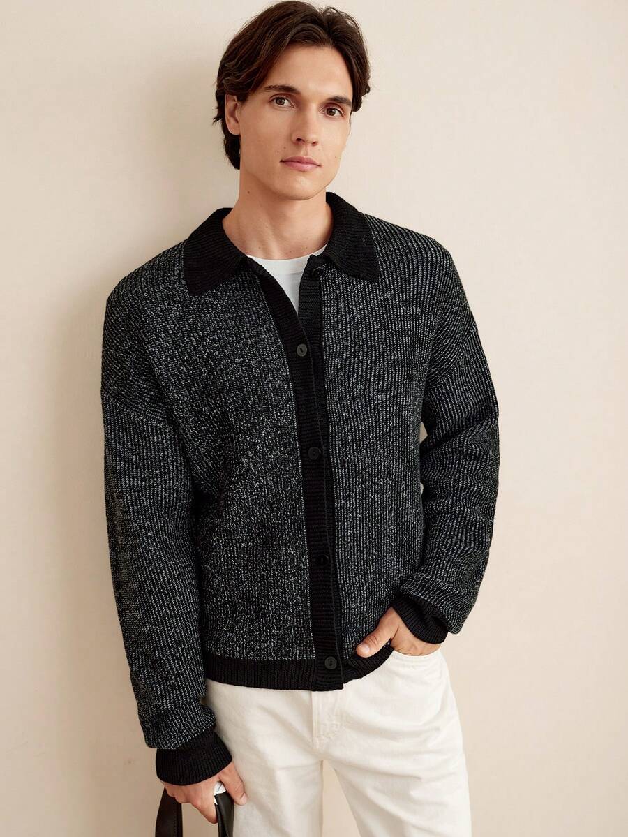 RONVEXI 男士休闲撞色滚边开衫，秋冬季长袖上衣 - 彩色 - 查看 1