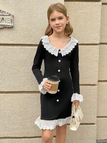 1 Pieza Vestido de manga larga de punto de grosor medio con cuello y puños de volantes con encaje, estilo vintage y lindo, perfecto para fines de semana, salidas casuales y ocasiones de primavera con comodidad y encanto estético, para niña preadolescente con estilo moderno - Negro - Ver 1
