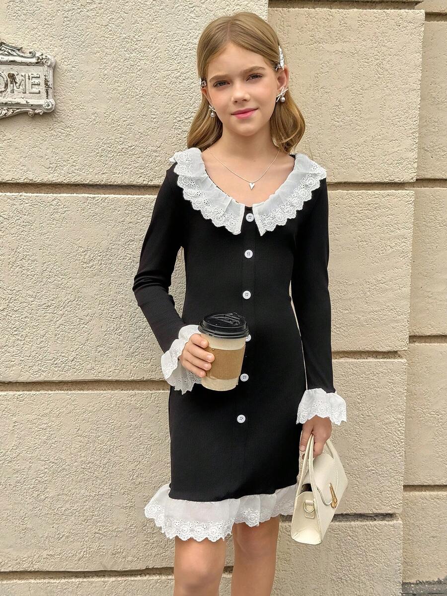 1 Pieza Vestido de manga larga de punto de grosor medio con cuello y puños de volantes con encaje, estilo vintage y lindo, perfecto para fines de semana, salidas casuales y ocasiones de primavera con comodidad y encanto estético, para niña preadolescente con estilo moderno - Negro - Ver 1