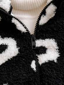两件套女童黑色碎花双面抓绒连帽拉链外套和帽子套装，休闲可爱，适合日常穿着，春/秋/冬，度假皆宜。 - 黑色 - 查看 5