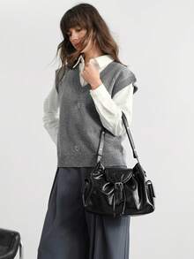 SHECARRY 女士黑色多口袋单肩包，通勤必备 - 黑色 - 查看 8