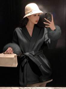 DAZY Women's Black Fuzzy Patchwork Drawstring Waist Jacket, Suitable For Autumn, Winter, New Year, Christmas, Valentine's Day Women Coats - Black - View 1