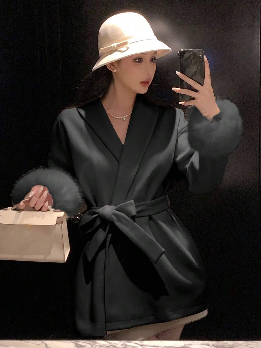 DAZY Women's Black Fuzzy Patchwork Drawstring Waist Jacket, Suitable For Autumn, Winter, New Year, Christmas, Valentine's Day Women Coats - Black - View 1